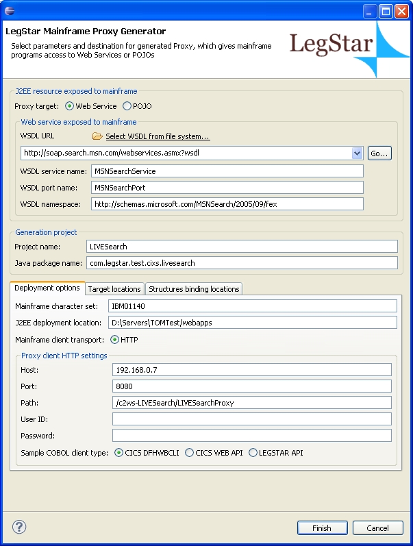 Proxy service generation screen parameters