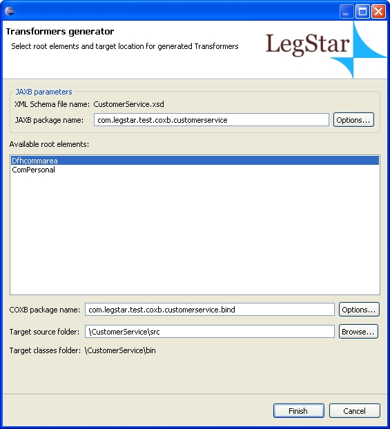 Adapter COBOL Transformers generation parameters screen